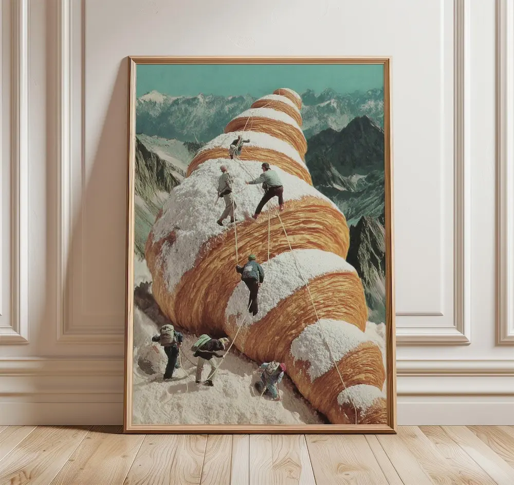 Surreal Croissant Mountain Art Print, Whimsical Collage Poster with Climbers, Dreamlike Fantasy Wall Art, Retro Surrealism Kitchen Decor