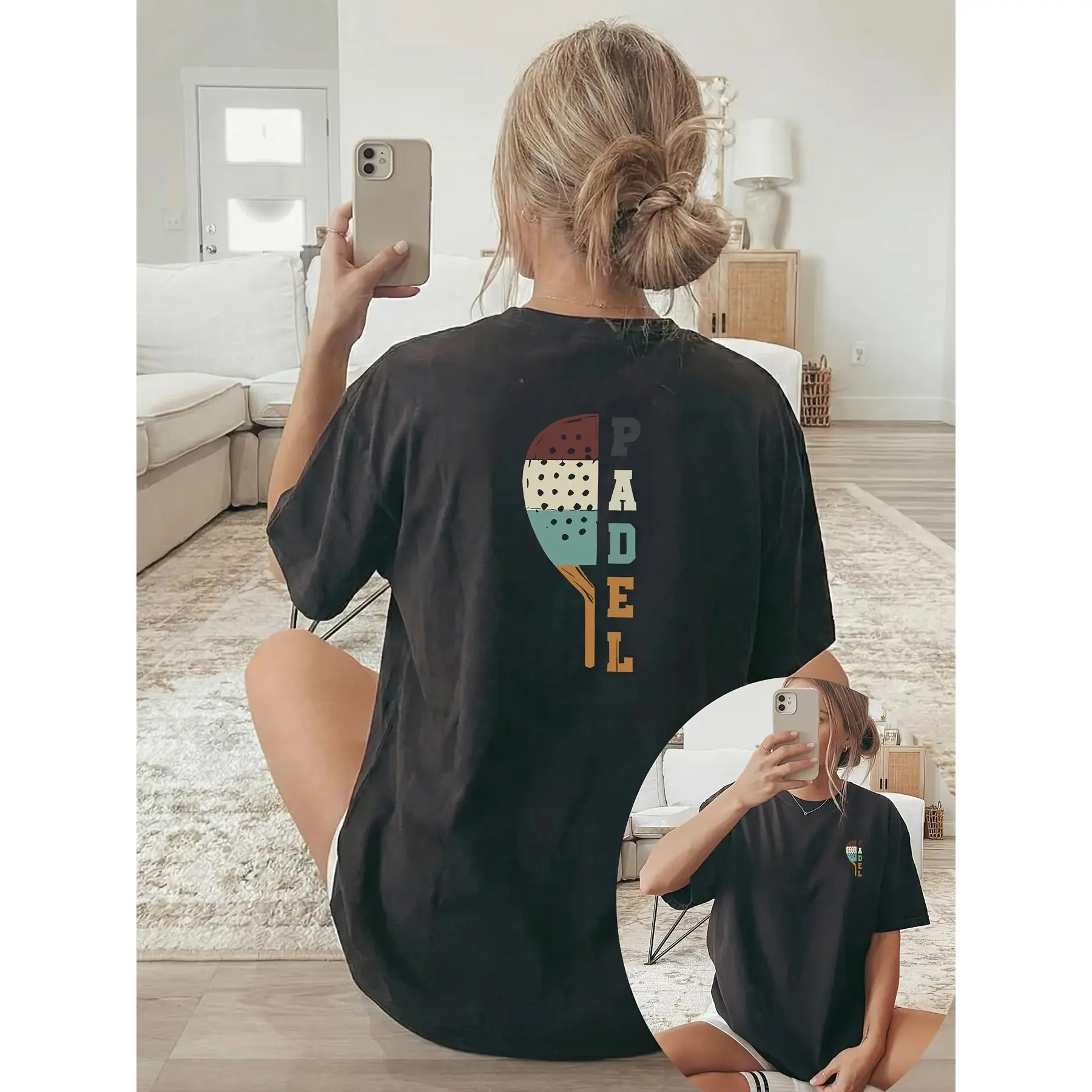 Women's Padel Racket Print Oversize Short-Sleeve Cotton T-Shirt - Comfortable, Breathable, Casual Crew Neck, Lightweight Sporty Top for Everyday Wear, Vacation, Shortsleeve, Fabric, Fit, Graphic, Oversized, Streetwear, Round Neck, Tee
