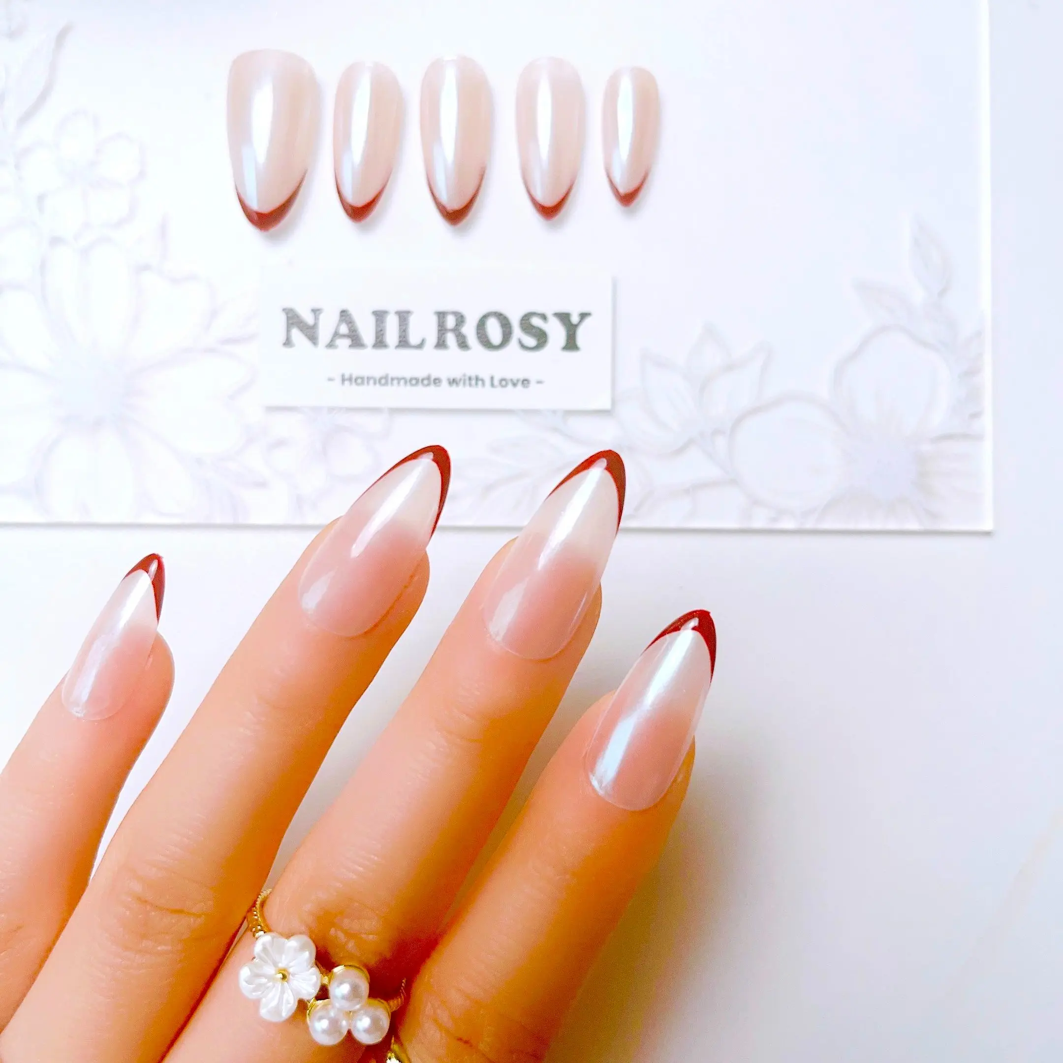 Nailrosy 10Pcs Handmade Press-on Nails - Deep Red French Tip, Almond Shape, Glossy Finish, Beauty & Personal Care Nail Art Accessory, Rhinestones Decorations, Floral, Decorative Nails, Fake Nails
