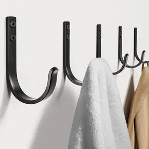 Wall Hooks for Hanging 5 Pack, Heavy Duty Metal Wall Mounted Hooks for Towels Coats Bags Robes, Bathroom Closet Door Hook Rack Black