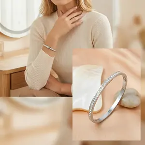 Elegant Titanium Steel Hinged Bangle for Women Diamond Accent Oval Bracelet Fashion Accessories for Anniversary and Party
