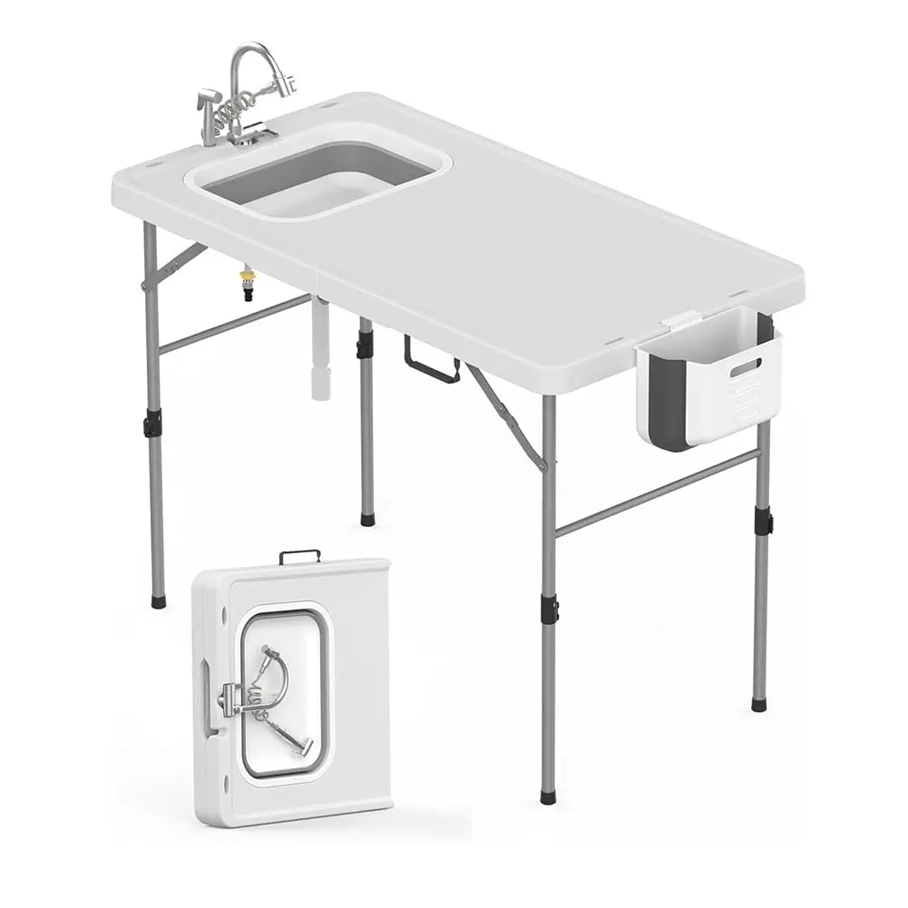 Folding Fish Cleaning Table with Foldable Sink, 50" Outdoor Camping Sink Table Portable for Fishing, Hunting, RV, Backyard, Camping Sink with Faucet Drainage Hose & Sprayer for Outdoor Picnic, Beach, Dock & Patio