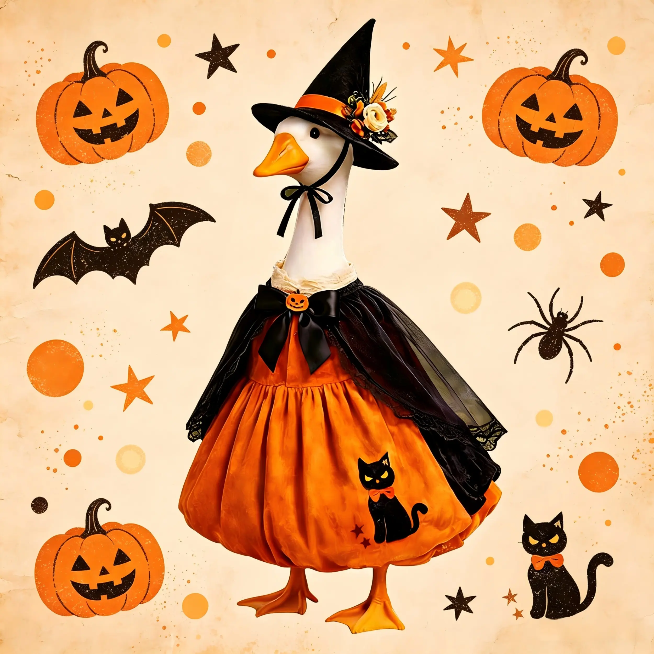 23-Inch Halloween Porch Goose Cloth Costume Set, Stretchy Pumpkin Dress with Ghost Cape & Witch Hat, Hand-Made Spooky Lawn Outfit for Outdoor Front Porch Decoration, Halloween Gift