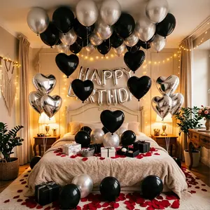 83pcs Balloon Set 16inch Silver Happy Letter & 18inch Black Silver Heart-Shaped Aluminum Foil Latex for Birthday Wedding Anniversary Party Decor Smooth Mixed Color Indoor Wall Decoration