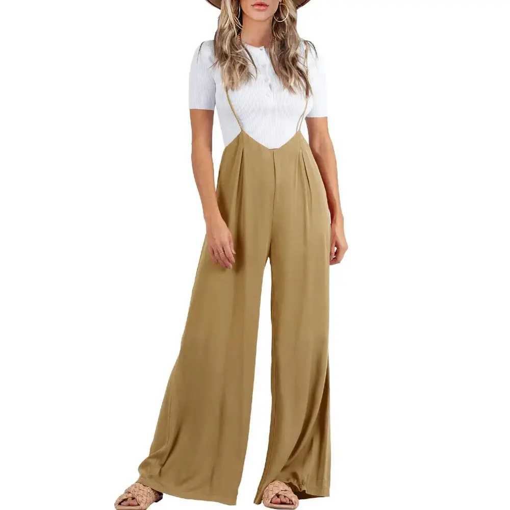 Goranbon Womens Suspender Overalls High Waist Loose Sleeveless Wide Leg Jumpsuit Spaghetti Strap Baggy Long Romper