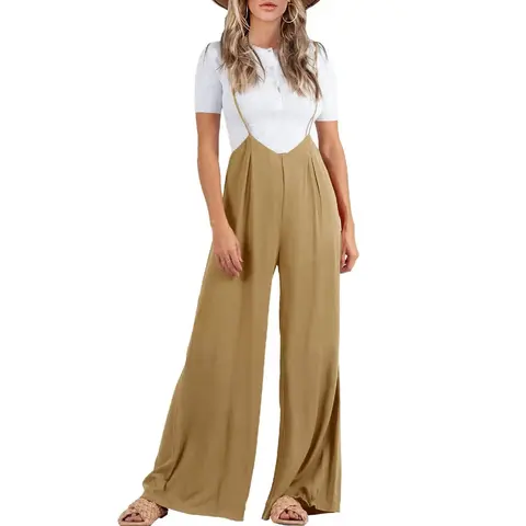 Goranbon Women's High-Waist Fit Adjustable Suspender Jumpsuit - Sleeveless Spaghetti Strap, Soft, Comfortable, Loose-Fitting Wide-Leg, Casual, Sun-Protective Outwear for Wedding, Dinner Use