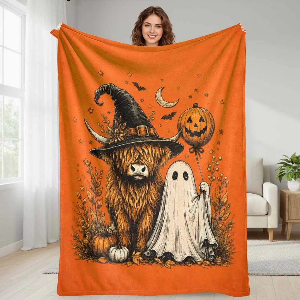 Highland Cow Flannel Throw Blanket Halloween Pumpkin Witch Hat Print Super Soft Lightweight Cozy Plush Fleece Warm Bedding Decor for Living Room Bedroom Sofa Couch Travel Gift