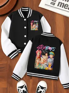 K-Pop Demon Hunters Print Jacket for Boys, Short Baseball Coat, Casual Sports School Uniform, Cartoon Anime Design, Elastic Fabric, Casual Comfy Jacket