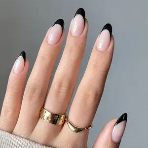 Classic Black French Tips Medium Almond Press On Nails – 24 pcs Fake Nails, Kit with Jelly Glue & File, Minimal Black French Nails for Everyday Chic & Special Occasions