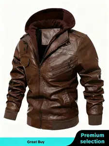 Men's Stylish PU Leather Zip Up Hooded Jacket - Perfect For Fall & Winter Outdoor Cycling! Coats