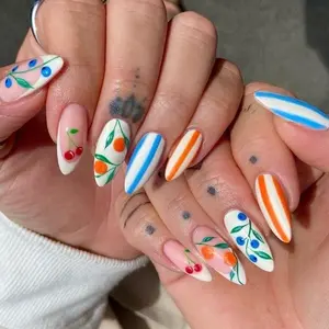 M3 Citrus Berry Coastal Press-On Nails, Orange Cherry Stripe Design, Glossy Almond Fruit Picnic Aesthetic, Handmade Summer Vacation Nail Art Set