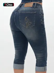 Women's New Denim Mid-Thigh Fitted Jean Pants, Fashionable High Elasticity Comfort Wash Embroidery Craft Pockets, Casual Style All Seasons