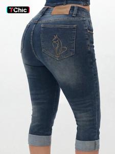 Women's New Denim Mid-Thigh Fitted Jean Pants, Fashionable High Elasticity Comfort Wash Embroidery Craft Pockets, Casual Style All Seasons