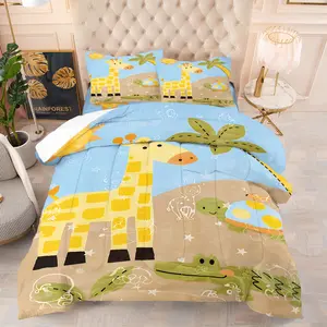 Cartoon Hand-Drawn African Grassland Animal Comforter Set with 1-2 Pillowcases No Core, Giraffe Crocodile Turtle and Palm Leaf Pattern, Soft Warm Bedding, Natural Science Education Gift for Kids