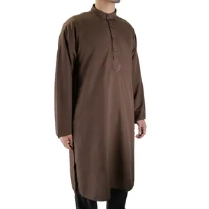 Hijaz Men's Embroidered Brown Kurta Wrinkle Free Cotton Throbe Long Tunic