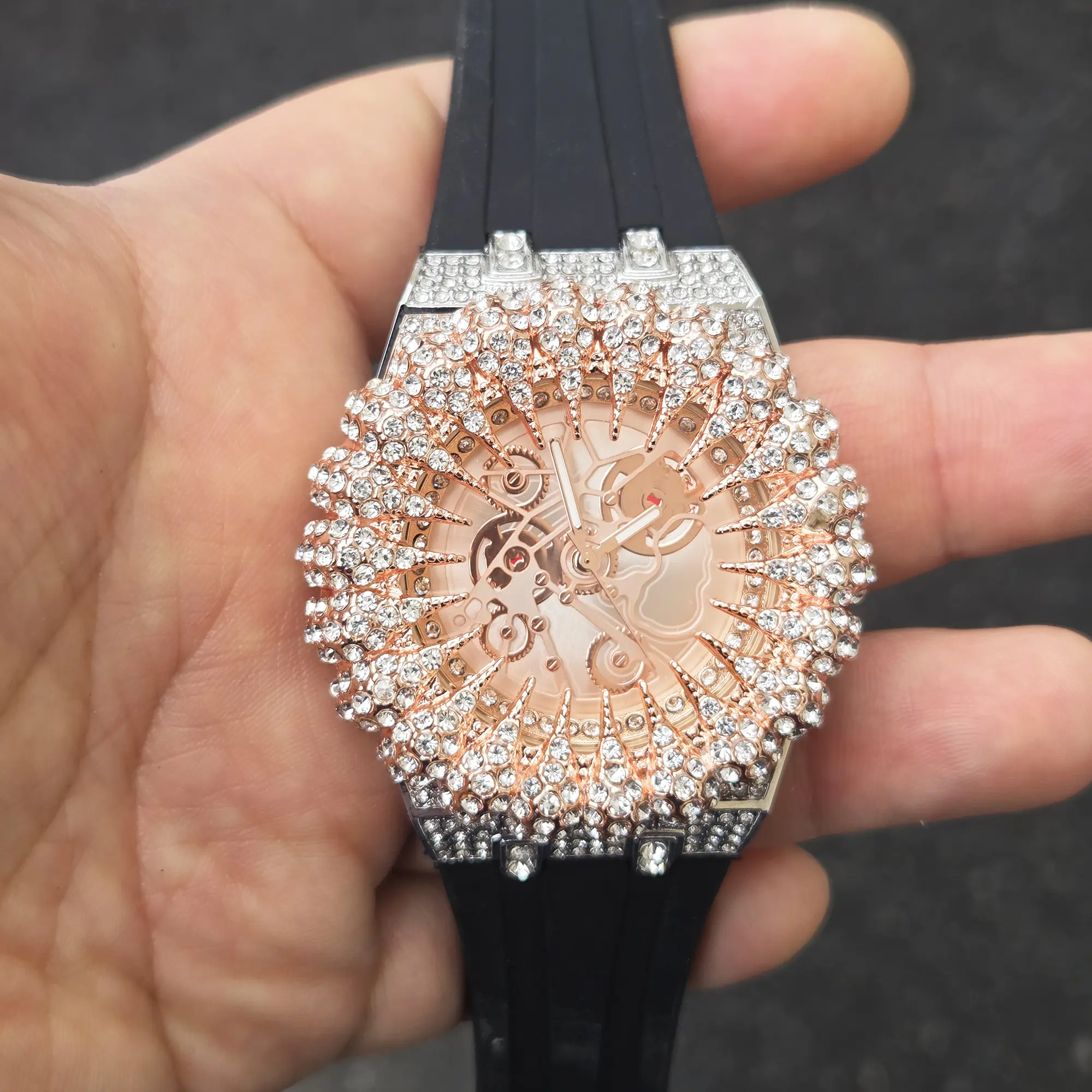 MaxBling81 Men's Watch, Iced Out Thorned Bezel with Simulated Diamonds, 45mm Round Face Alloy Case, Black Silicone Strap, Water Resistant Quartz Movement, Buckle, None, Trendy Look, Gifts For Boyfriend, Gold / Silver, Gold Watches, Iced Out Look