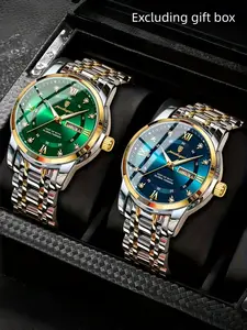 2-piece POEDAGAR brand men's calendar week quartz watch casual business date night light men's watch