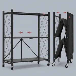 3 Tier Foldable Storage Shelves with Wheels Kitchen Appliance Stand Freestanding Metal Wire Shelf Rack No Assembly Organizer Rolling Cart for Garage Basement Pantry Black