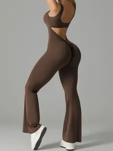 Women's Sporty Backless Yoga Jumpsuit, Ruched Sports Jumpsuit, Sportswear Jumpsuits, Tight-Fitting Below Ankle Pants, Suitable for All Seasons, Ideal for Sports & Daily Wear, Stretchable Activewear