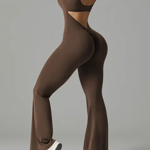 Women's Sporty Backless Yoga Jumpsuit, Ruched Sports Jumpsuit, Sportswear Jumpsuits, Tight-Fitting Below Ankle Pants, Suitable for All Seasons, Ideal for Sports & Daily Wear, Stretchable Activewear