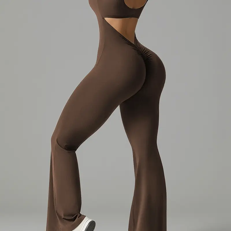 Women's Sporty Backless Yoga Jumpsuit, Ruched Sports Jumpsuit, Sportswear Jumpsuits, Tight-Fitting Below Ankle Pants, Suitable for All Seasons, Ideal for Sports & Daily Wear, Stretchable Activewear