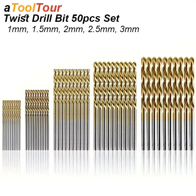 Straight Shank Twist Drill Bit Set Auger Drill Bits Titanium Coated High Speed Steel HHS Wood Plastic Aluminium Cutter Woodworking Tool 50pcs