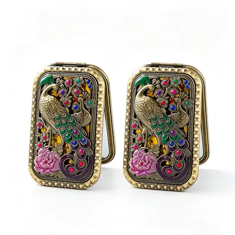HOLDNEAR Vintage Peacock Double Sided Folding Compact Mirror, Embossed Metal Pocket Makeup Mirror, Portable Travel Cosmetic Mirror, Gift for Women Mom Wife, Mother’s Day Christmas Gift