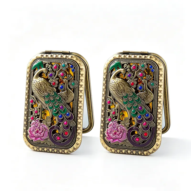 HOLDNEAR Vintage Peacock Double Sided Folding Compact Mirror, Embossed Metal Pocket Makeup Mirror, Portable Travel Cosmetic Mirror, Gift for Women Mom Wife, Mother’s Day Christmas Gift