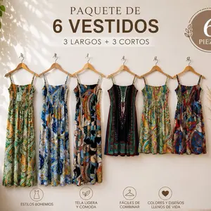 Boho Mixed Dress Bundle – Pack of 6  Includes 3 long dresses + 3 short dresses  Long dresses are stretchy  Long dresses available in sizes M/L and XL/XXL  Short dresses are One Size