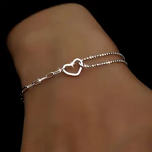 Silver-Tone 925 Sterling Silver Plated Bohemian Style Elegant Chain Bracelet with Heart Pendant - Perfect for Daily Wear & Special Occasions, Ideal Valentine'S Day Gift, Everyday Accessory|Bohemian Style Bracelet|Durable Chain