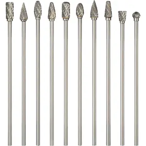 10PCS Long Carbide Burr Set 1/8" Shank Total L 4" Compatible with Dremel Die Grinder Bits Long 100MM 1/4" Head Tungsten Carbide Rotary Burr for Tight Area Woodworking, Steel Metal, Engraving