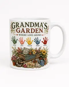 Grandma Gift from Grandkids, Personalized Handprint Coffee Mug, Custom Name Garden Mug, Where Love Grows Mug, Mother’s Day Gift, 2D Printed 3D Effect, gift for her, gift for him, gift for mom, gift for dad, gift for friend, birthday gift mug.