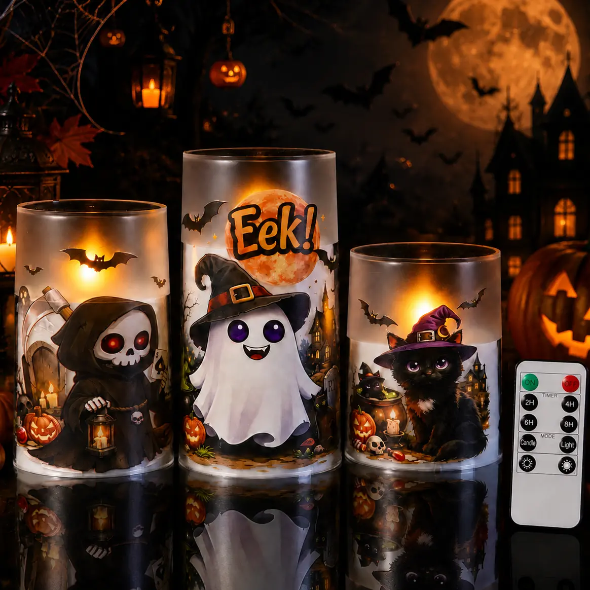 Decorative Halloween LED Pillar Candles Set of 3, Realistic Flickering Battery-Operated Acrylic Candles with Moving Wick Effect, Frosted Dustproof Finish, Remote Timer, 4/5/6in Sizes for Table, Romantic Tea Light Alternative