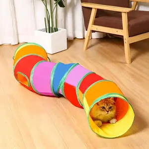 Polyester Rainbow Pet Cat Tunnel Toy, Foldable Interactive Training Tunnel, Cat Teaser Rod, Indoor Outdoor Use for Cats Dogs