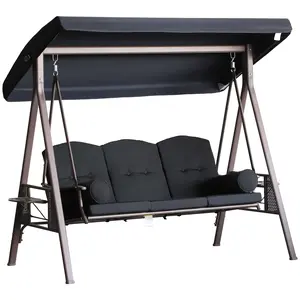 3-Seat Patio Swing Chair, Outdoor Porch Swing Glider with Adjustable Canopy, Removable Cushion, Pillows and Side Trays, for Garden, Poolside, Backyard, Black