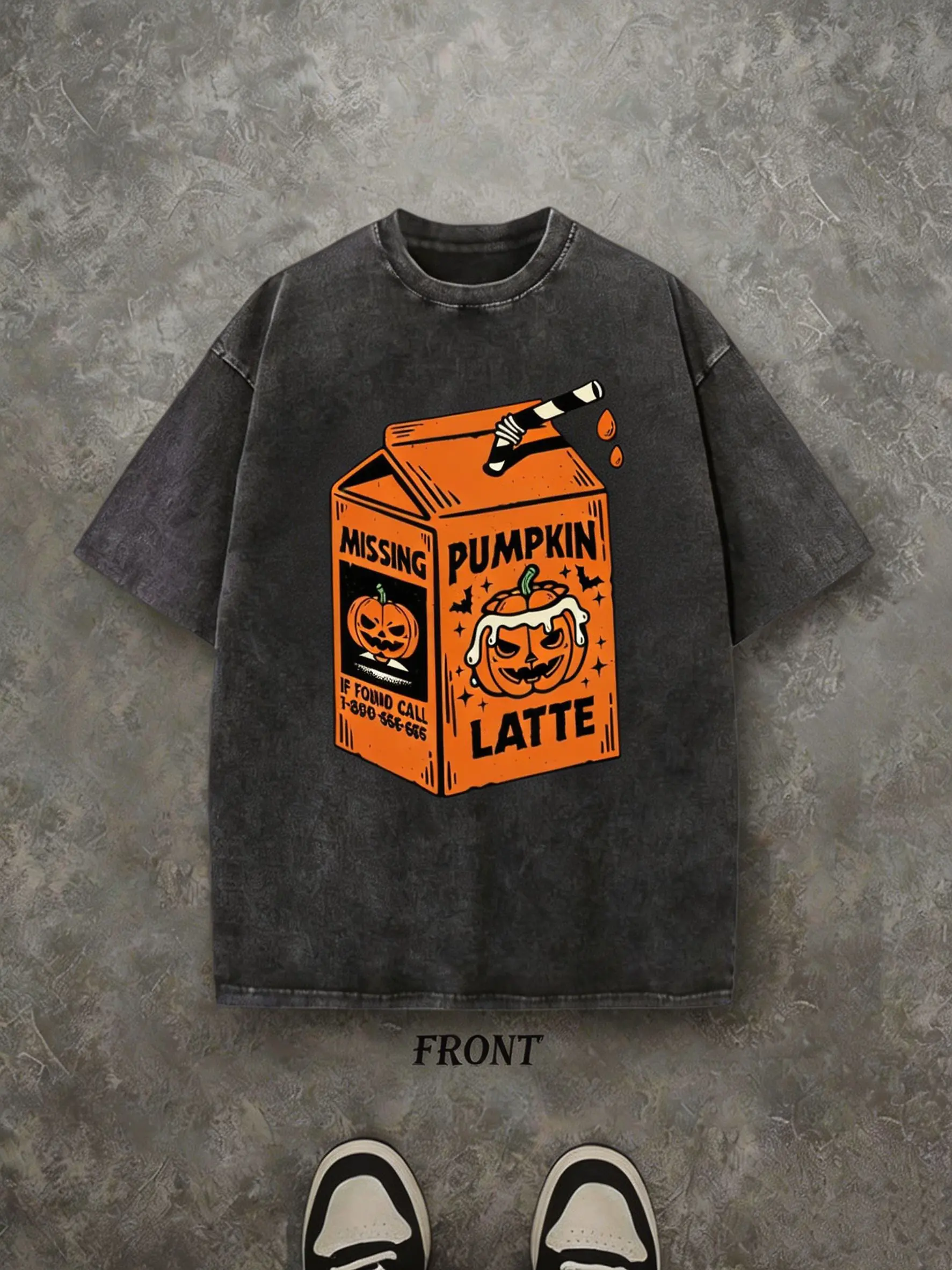 Vintage Missing Pumpkin Latte Carton Halloween Graphic T-Shirt, Washed Black Oversized Cotton Crewneck Tee, Retro Spooky Pumpkin Spice Coffee Fall Streetwear Gift For Autumn Lovers Men Women