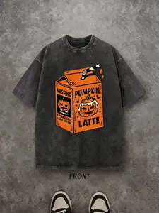 Vintage Missing Pumpkin Latte Carton Halloween Graphic T-Shirt, Washed Black Oversized Cotton Crewneck Tee, Retro Spooky Pumpkin Spice Coffee Fall Streetwear Gift For Autumn Lovers Men Women