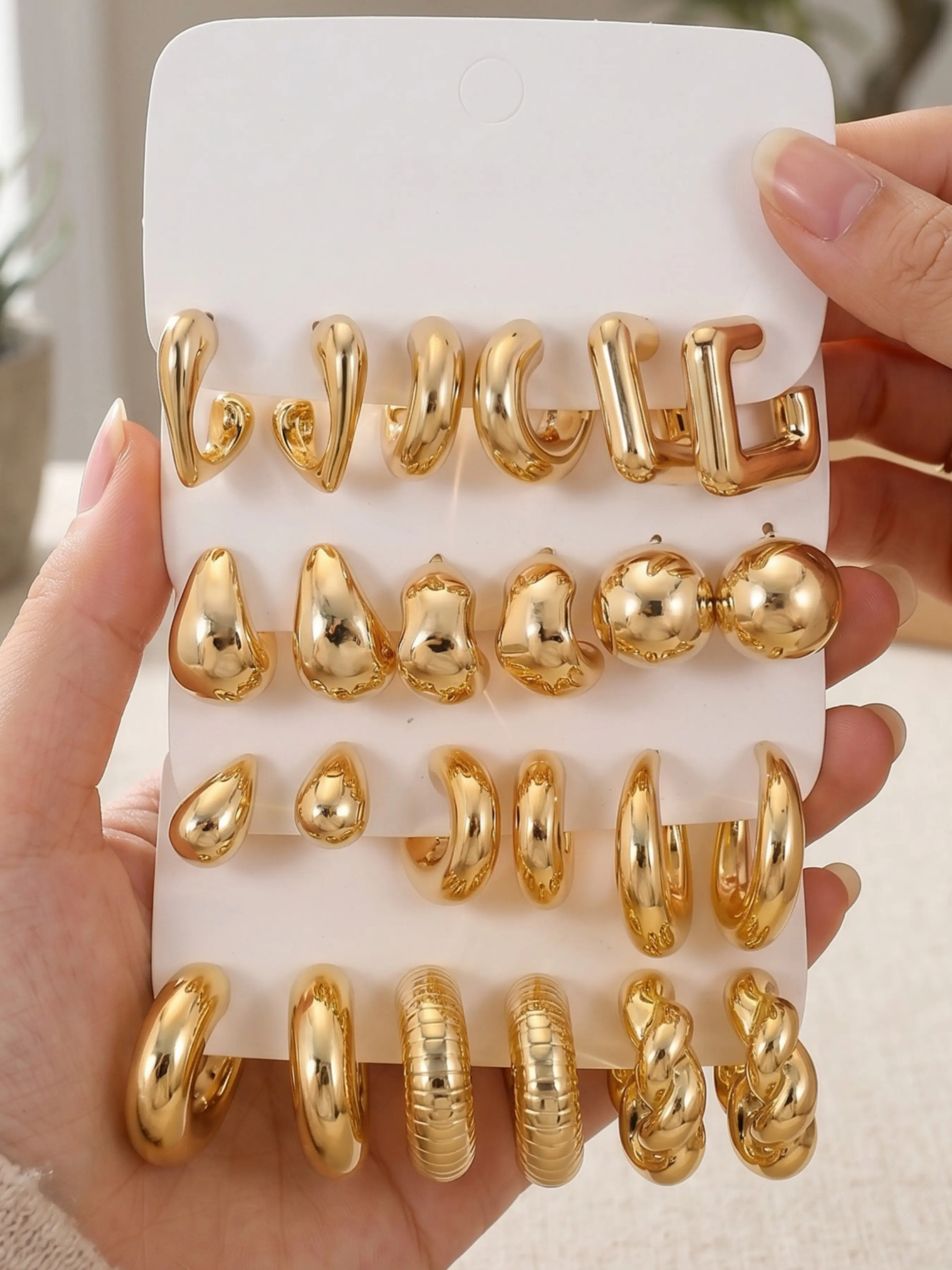 12 Pairs Eco‑Friendly Plastic Gold Chunky Hoop Earrings Set, Multi‑Style Teardrop Twisted Ribbed Square Open Hoops, Lightweight Trendy Stackable Earrings for Women, Aesthetic Gold Jewelry for Daily & Party Wear