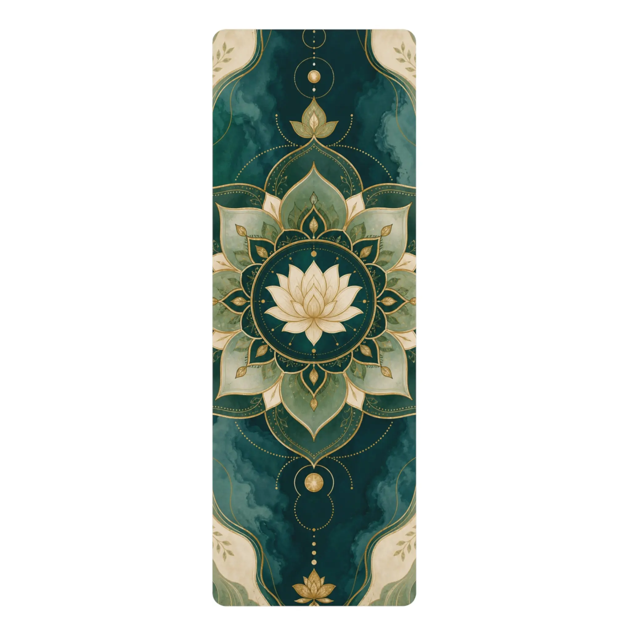 Green Gold Edge-to-Edge Lotus Mandala Polyester Floor Yoga Mat, Anti-Slip Backing, Lightweight 3mm Thickness Floral Meditation Mat, Edge-To-Edge Lotus Mandala Print