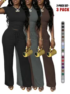 Women’s 2 Piece Short Sleeve Set, Womenswear, Fitted Crop Top & Drawstring Wide Leg Pants, Slim-Fitting Casual for All Seasons