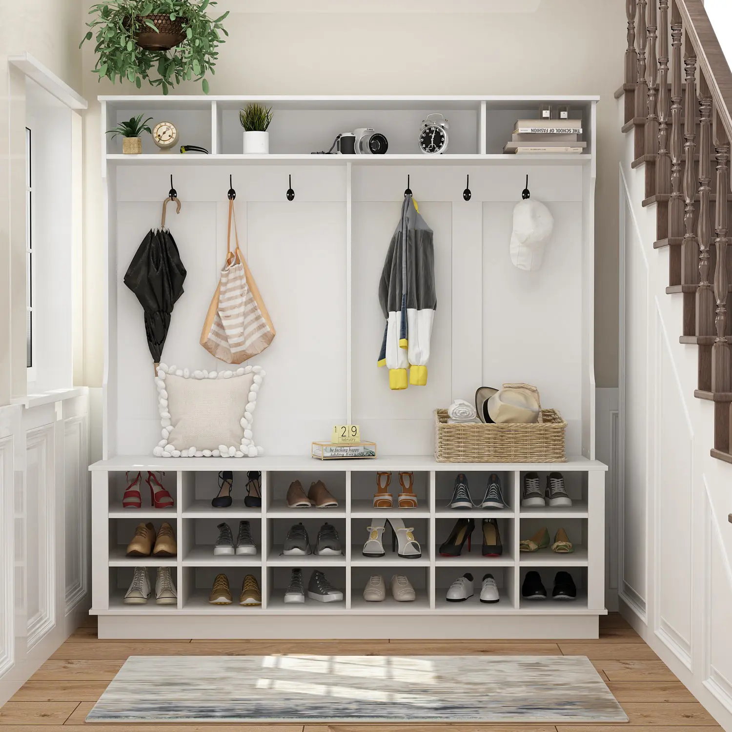 FUFU&GAGA Furniture Charchia Hall Tree 63'' & 34'' Wide with Bench and Shoe Storage,Banco y zapatero
