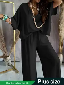 Summer women's plus size solid color batwing sleeve V-neck T-shirt and wide-leg pants two-piece set, machine washable