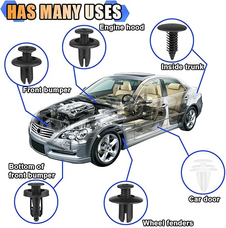 100 PCS Bumper Push Fasteners Rivet Clip Kit, ABS Retainer Expansion Screws with Removal Tool, 6 Popular Sizes Fenders/Body Fixing Clips, Universal for Most Cars, Trucks, SUVs (Black&White)