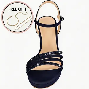 Lena Women's Platform Heels High Block Chunky Sparkly Rhinestone Open Toe Ankle Strap Fashion Dress Pump Sandals Shoes for Party Wedding