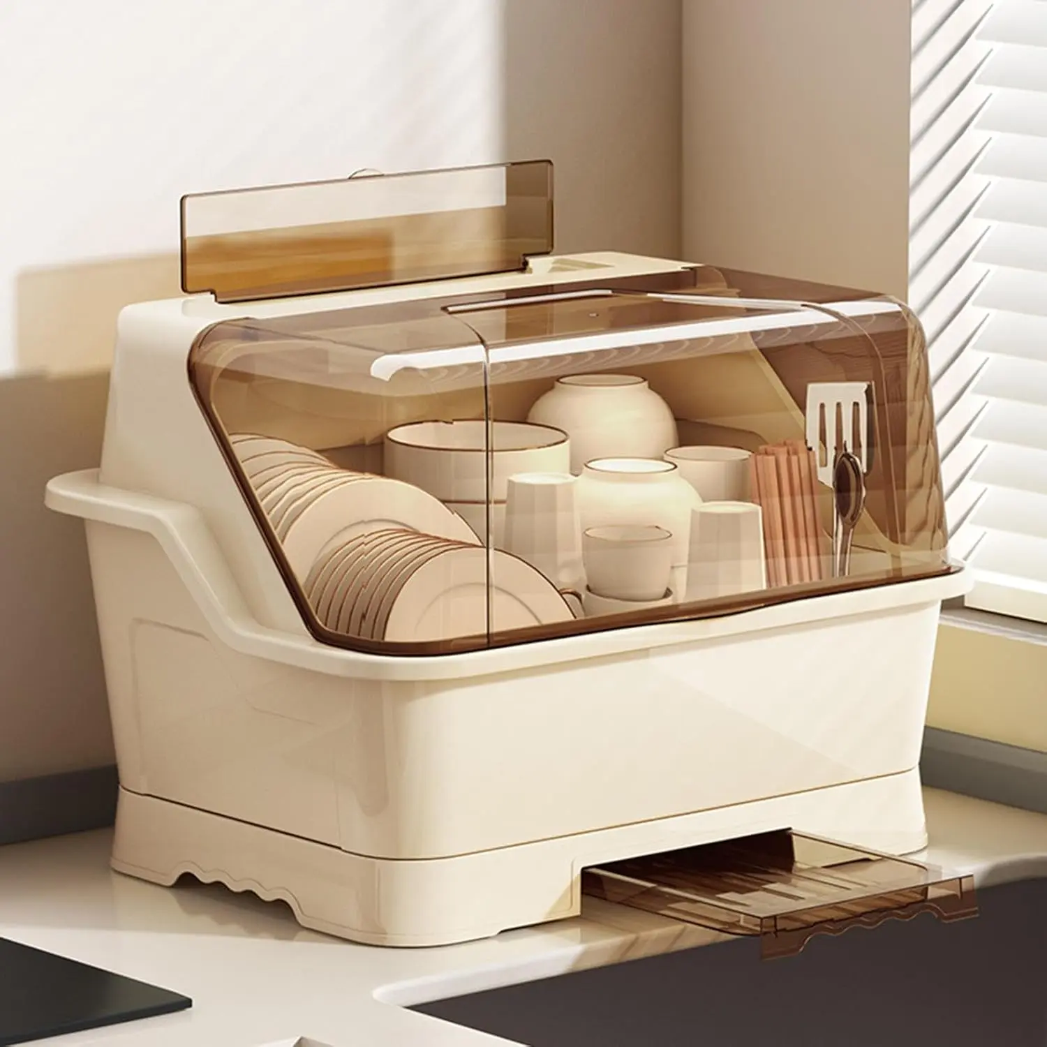 Countertop Dish Storage Cabinet with Pull-Out Drain Tray, Over Sink Dish Drainer Drying Rack with Cover, for Plates,Bowls & Cutlery, Full Enclosure Dust-Proof Dish