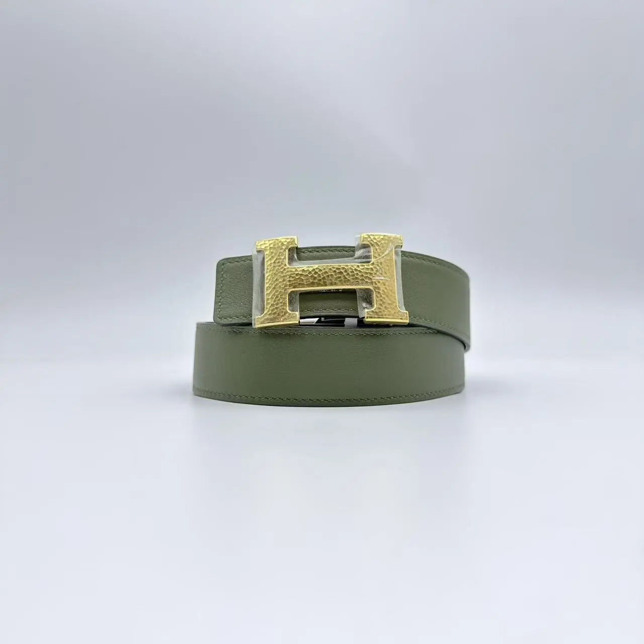Pre-owned HERMES H Buckle Double Sided Olive Brown Cowhide Leather Belt, 32mm, 85*3.2cm, Q605