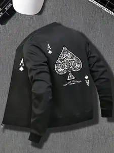 Men's Casual Stand Collar Jacket, Poker Print, Knit Fabric, Slight Stretch, Zipper Closure, Pockets, Long Sleeve, Fall & Winter