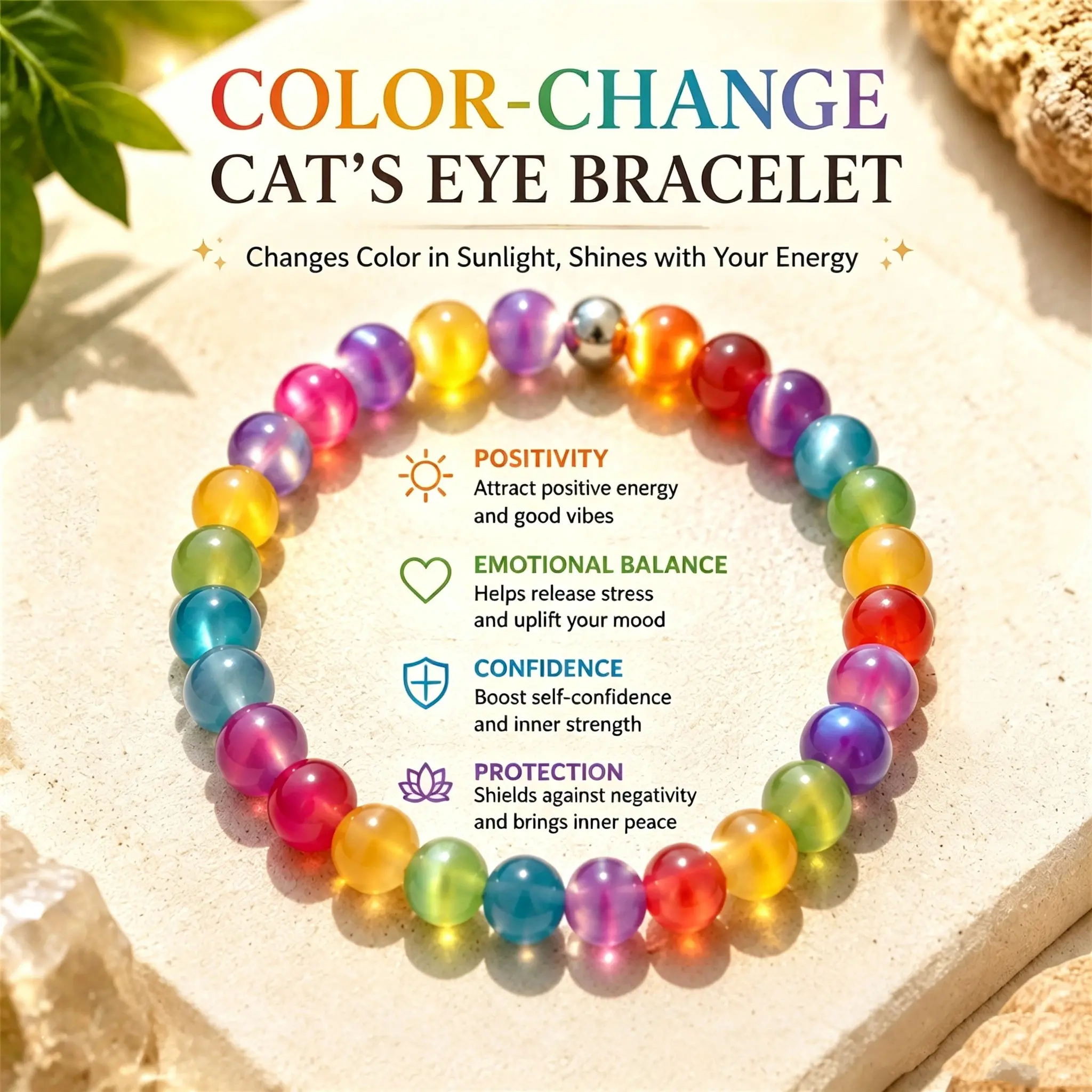 Cat‘s Eye Color Change Crystal Bracelet Necklace, Soothing Stone for Clarity, Confidence and Emotional Balance, Yoga Meditation Daily Wear Jewelry, 8mm