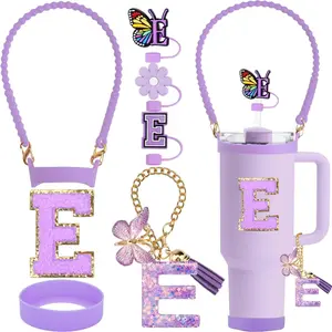 Purple Accessories Set for Stanley Cup, 0.4" Straw Topper, Water Bottle Handle, Boot for Stanley 30&40 Oz, Letter Charm Chain, Sticker Initial (Letter A, Purple)