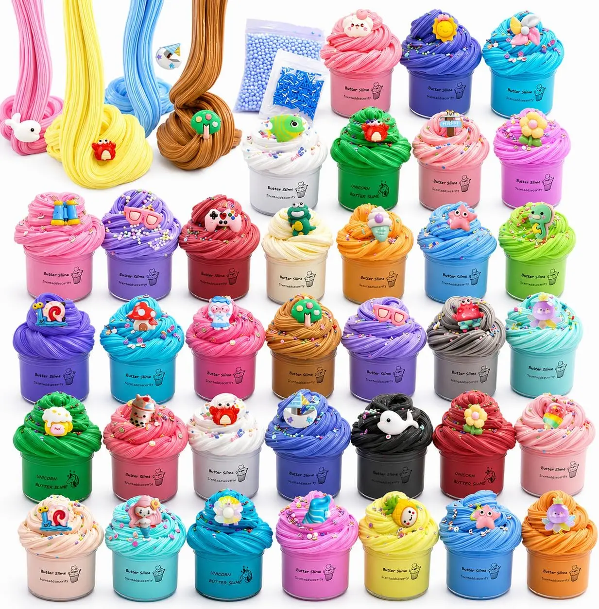 35 Pack Scented Butter Slime Kit, Soft Stretchy Non-Stick Slime with Watermelon, Coffee, Mint, Candy & Lemon Scents, Birthday Gifts for Kids